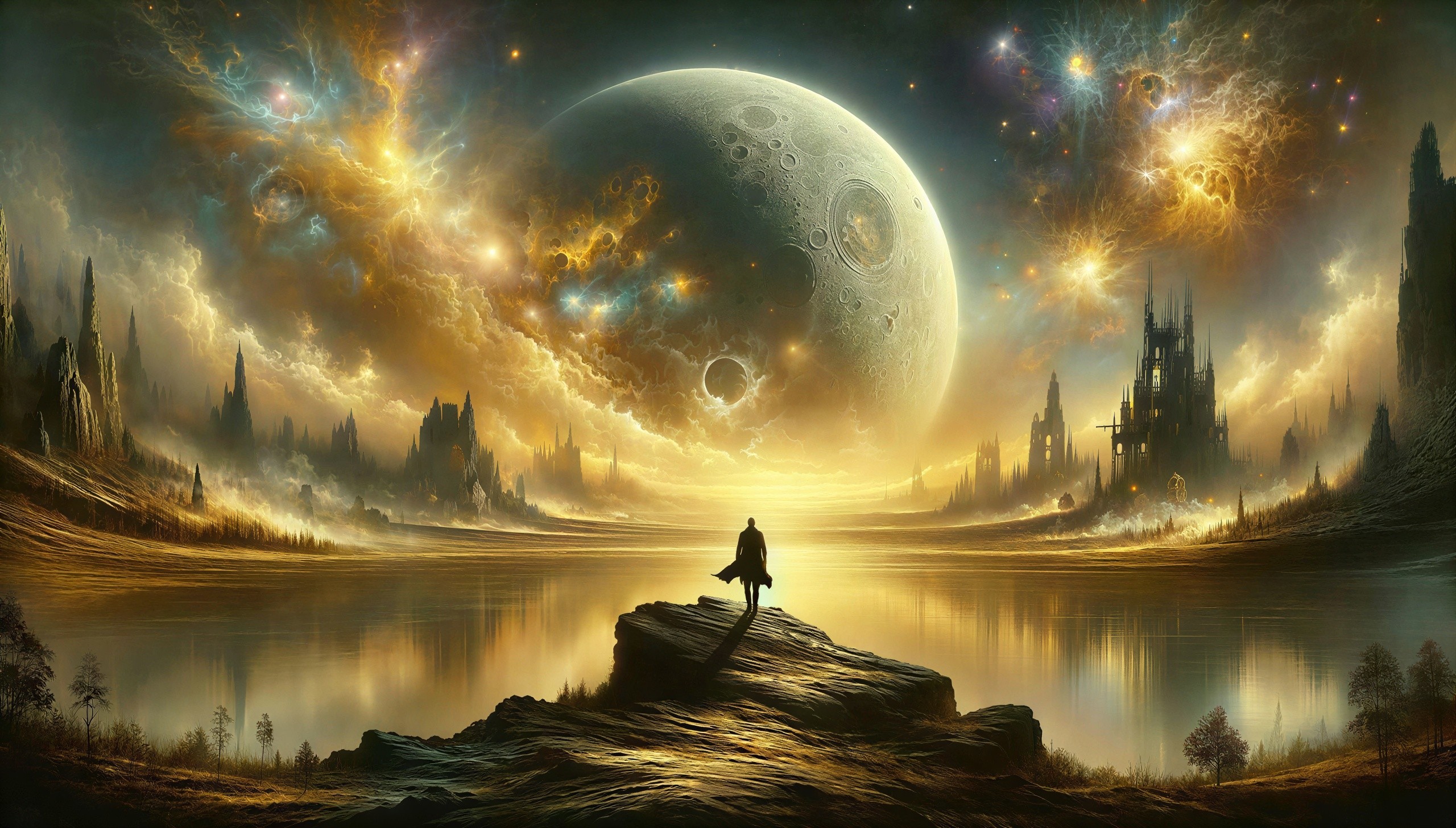 Lone Figure Overlooks Water Under Celestial Skies