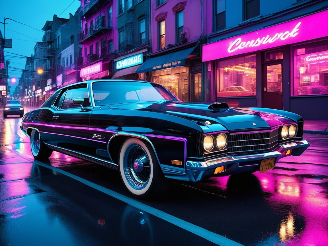Classic Black Muscle Car on Vibrant Night Street