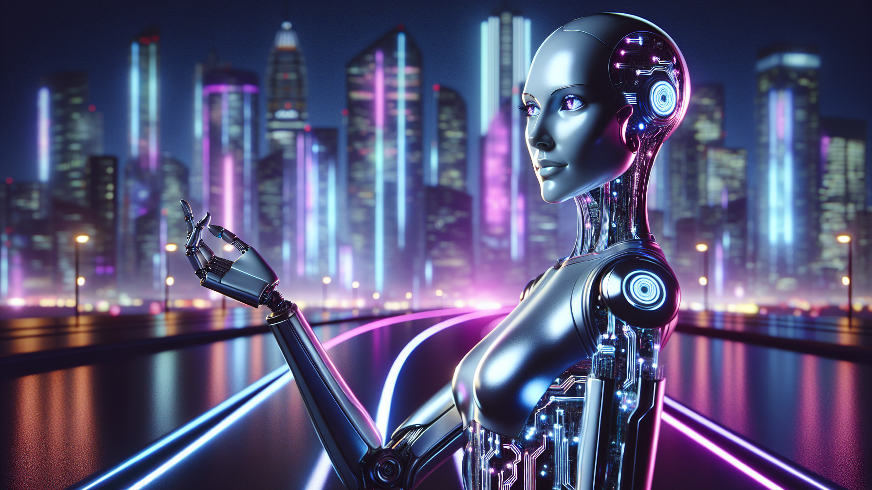 Futuristic Robot in Neon Cityscape Setting