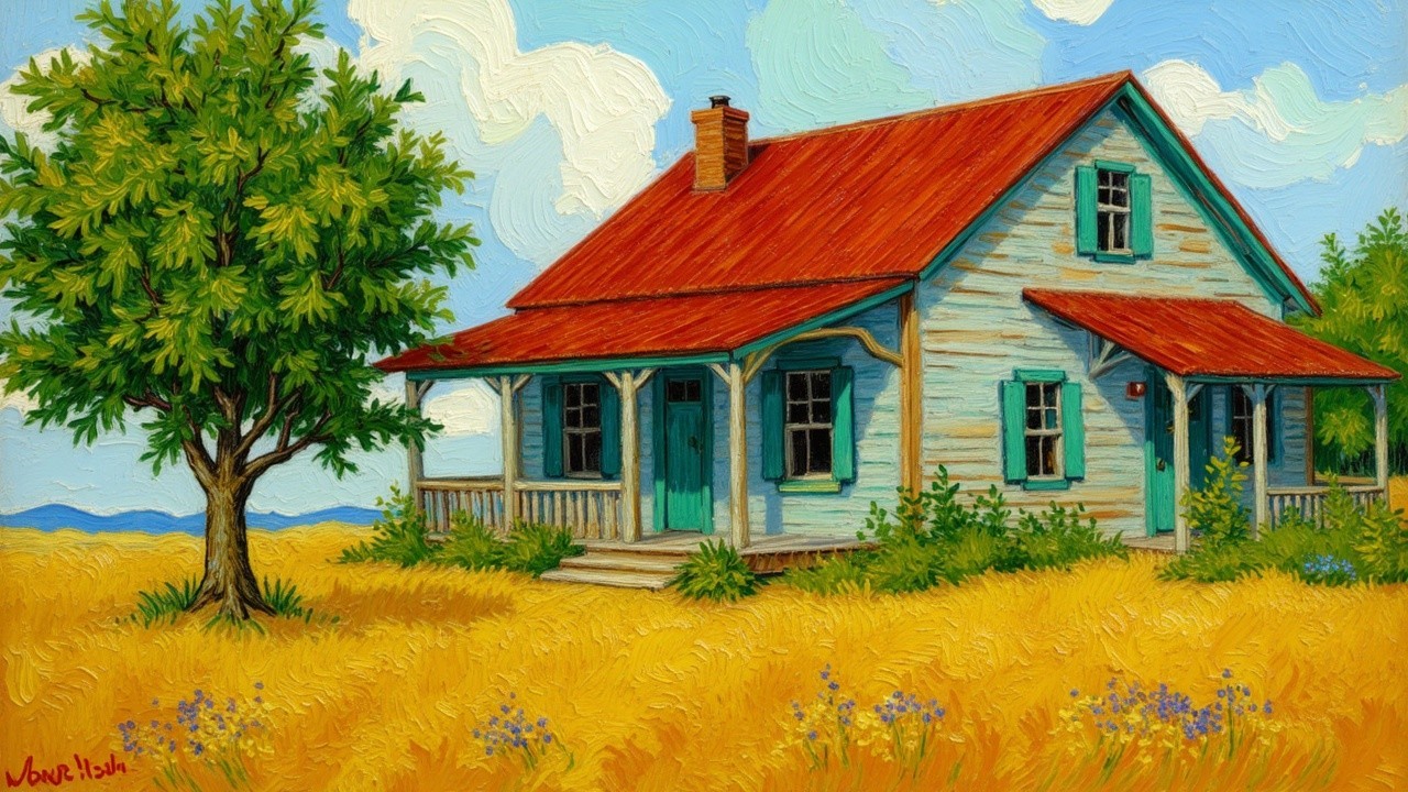 Rustic house with red roof in flower-filled landscape