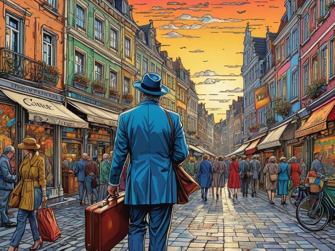 Colorful Street Scene at Sunset with Vintage Fashion