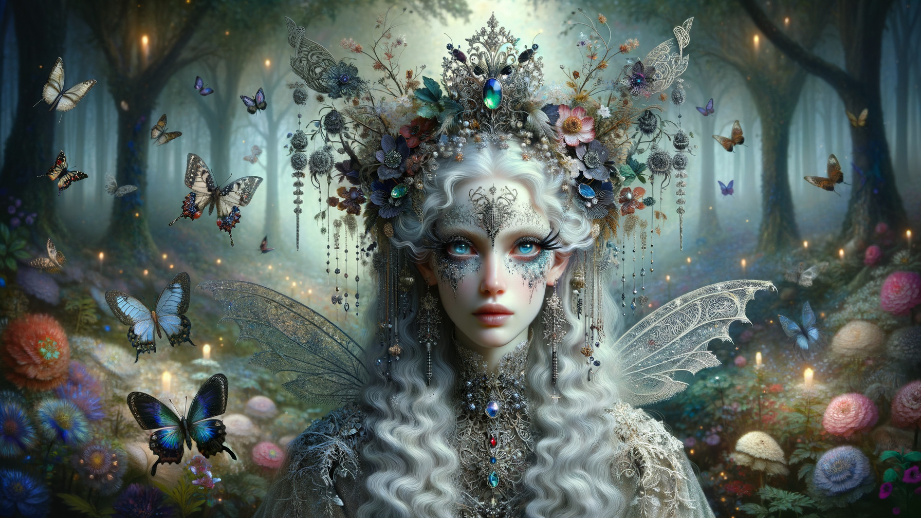 Mystical figure with butterfly wings in vibrant forest