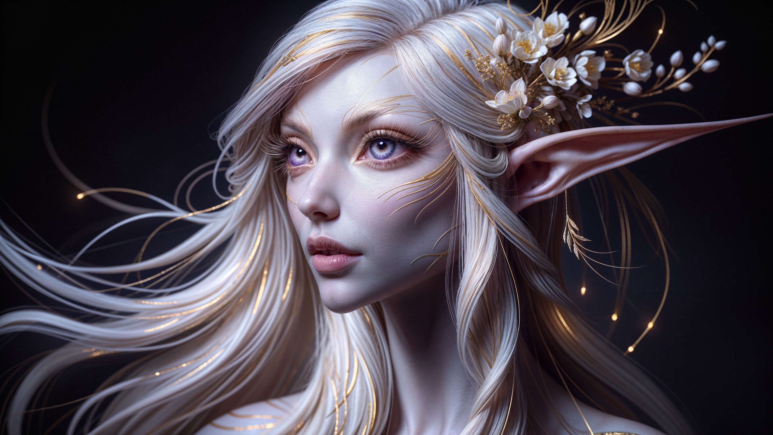 Fantastical elf with silver hair and ethereal features