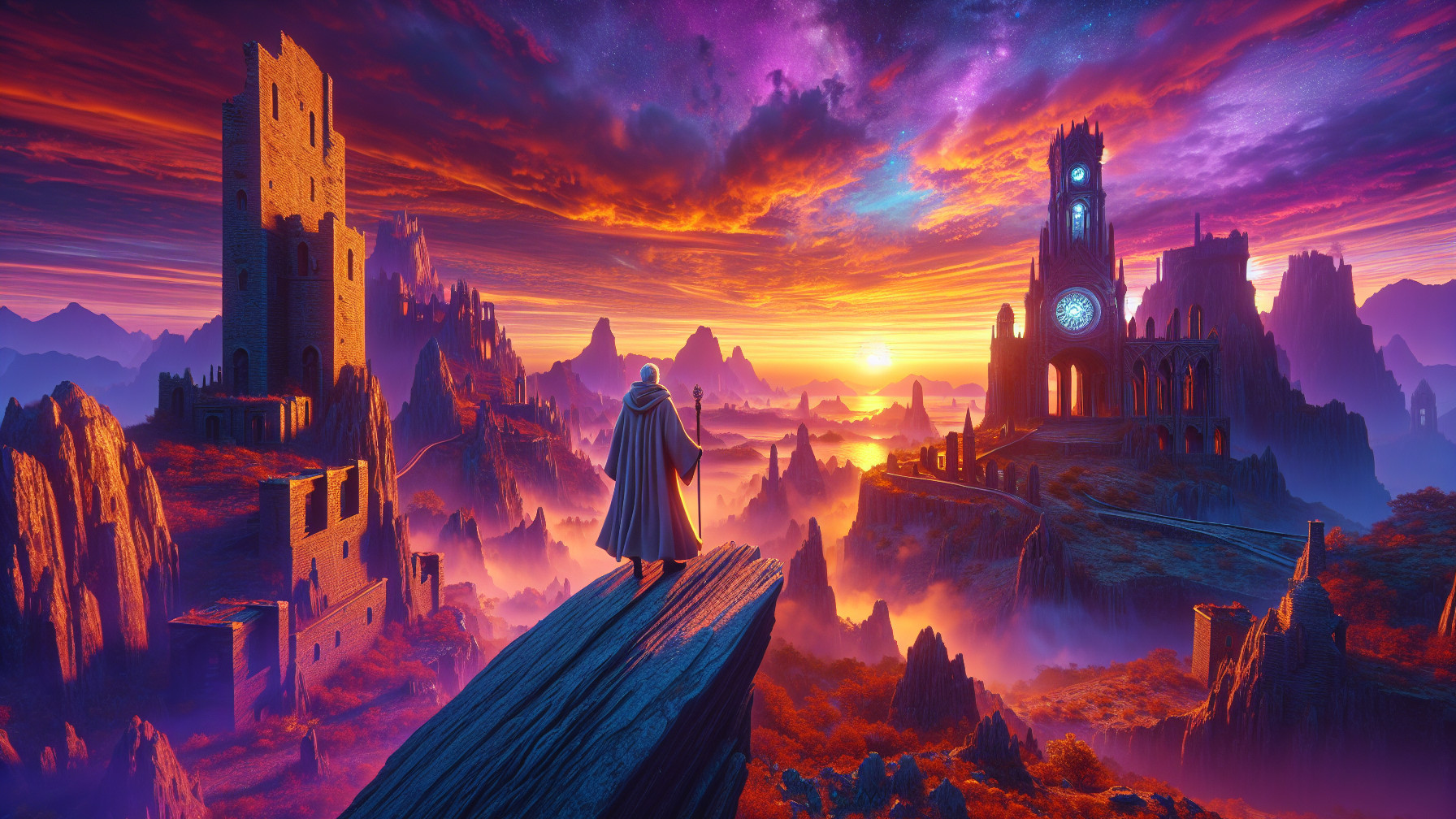 Majestic sunset landscape with ancient ruins and clouds