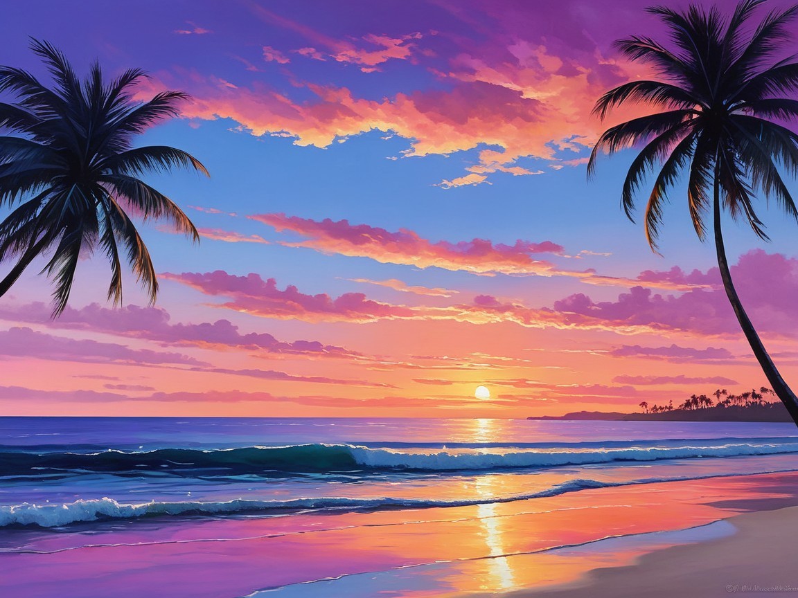 Vibrant Sunset Over Calm Ocean with Palm Trees