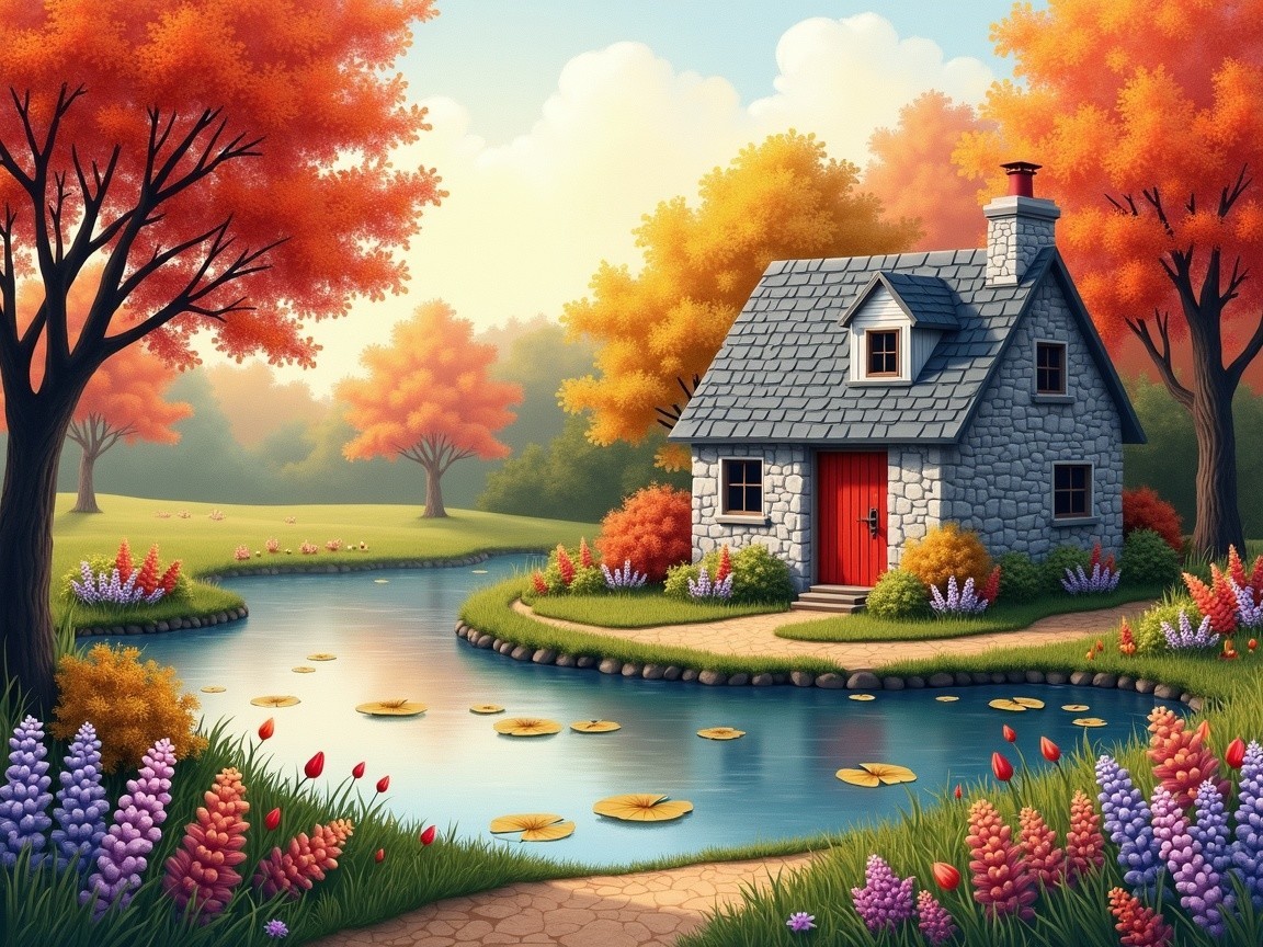 Charming Stone Cottage by Tranquil River in Autumn