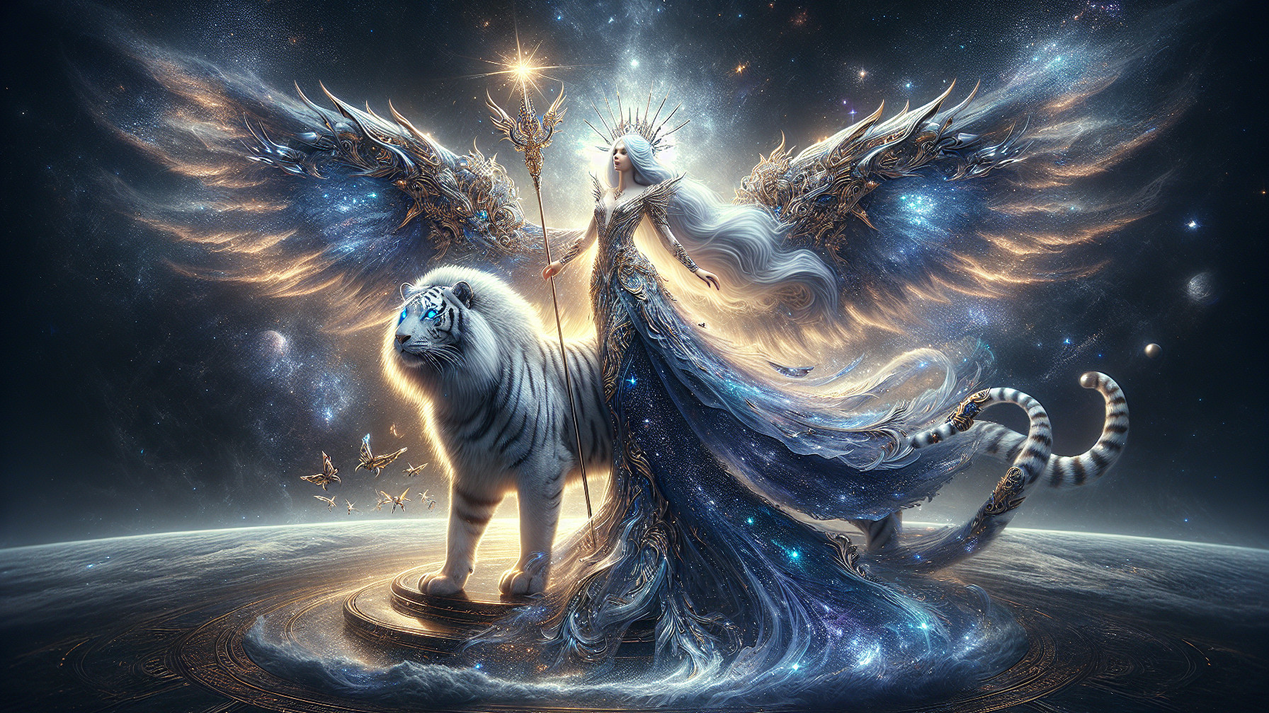 Celestial Figure with Winged Tiger in Cosmic Scene