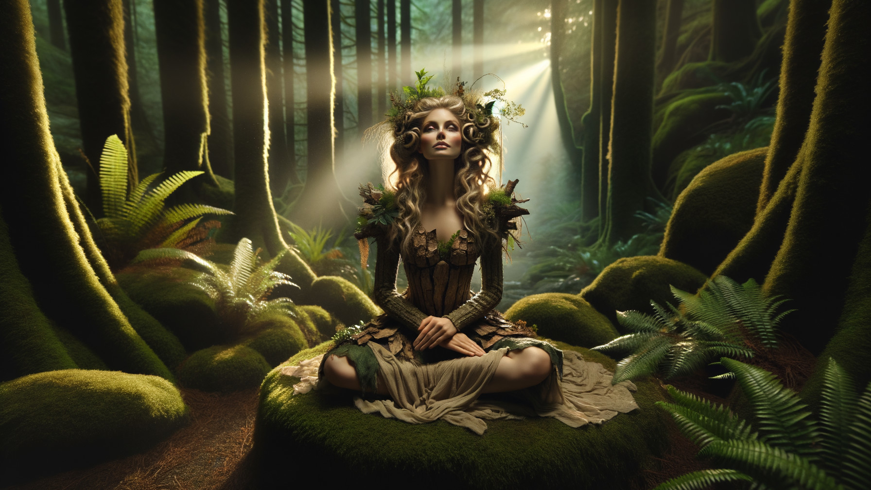 Serene figure in a mystical forest with floral adornments
