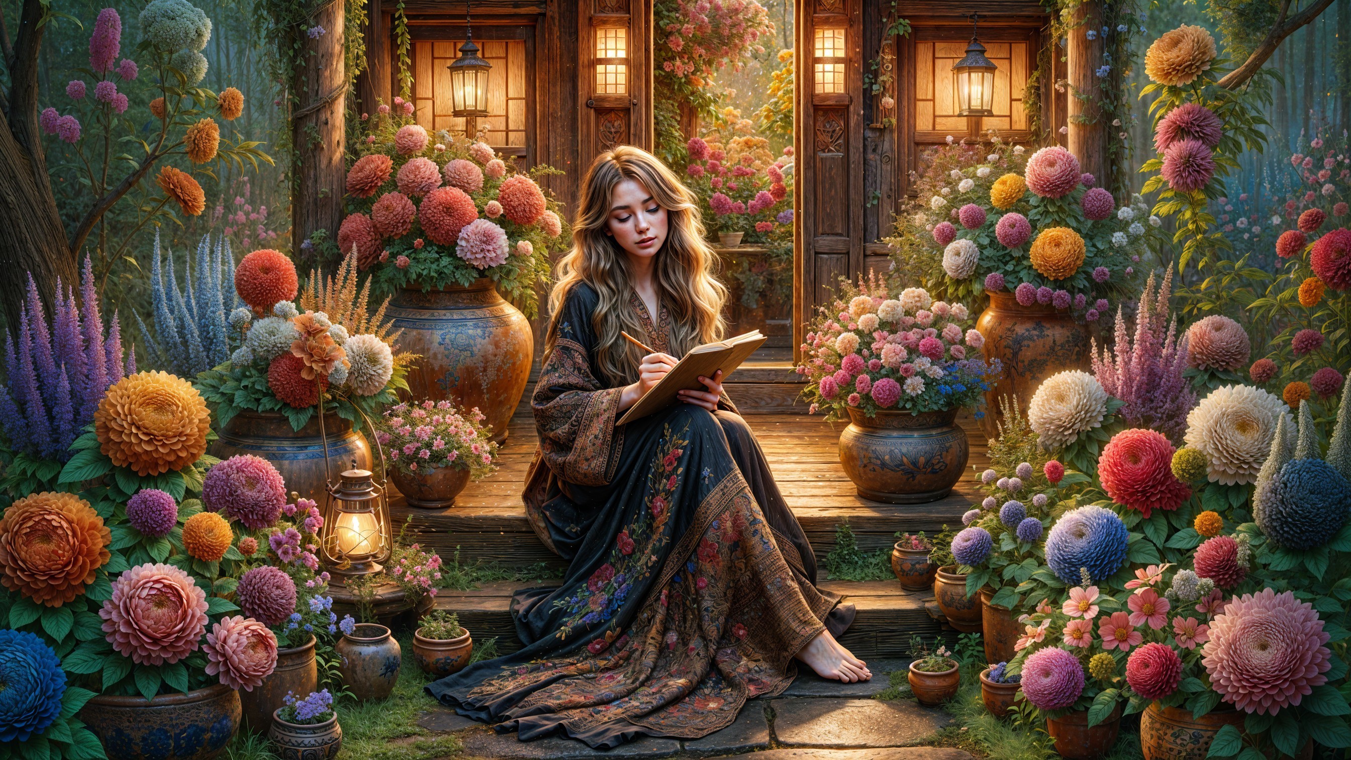 Young Woman Writing Among Vibrant Garden Flowers