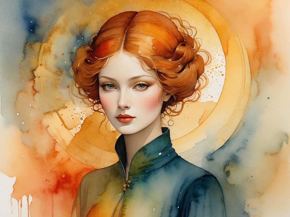 Watercolor painting of a pale woman with copper hair