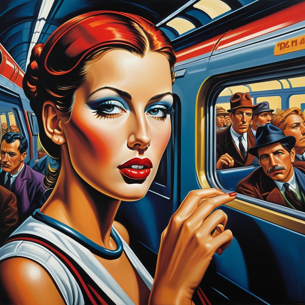 Glamorous Woman in Vibrant Subway Scene with Passengers