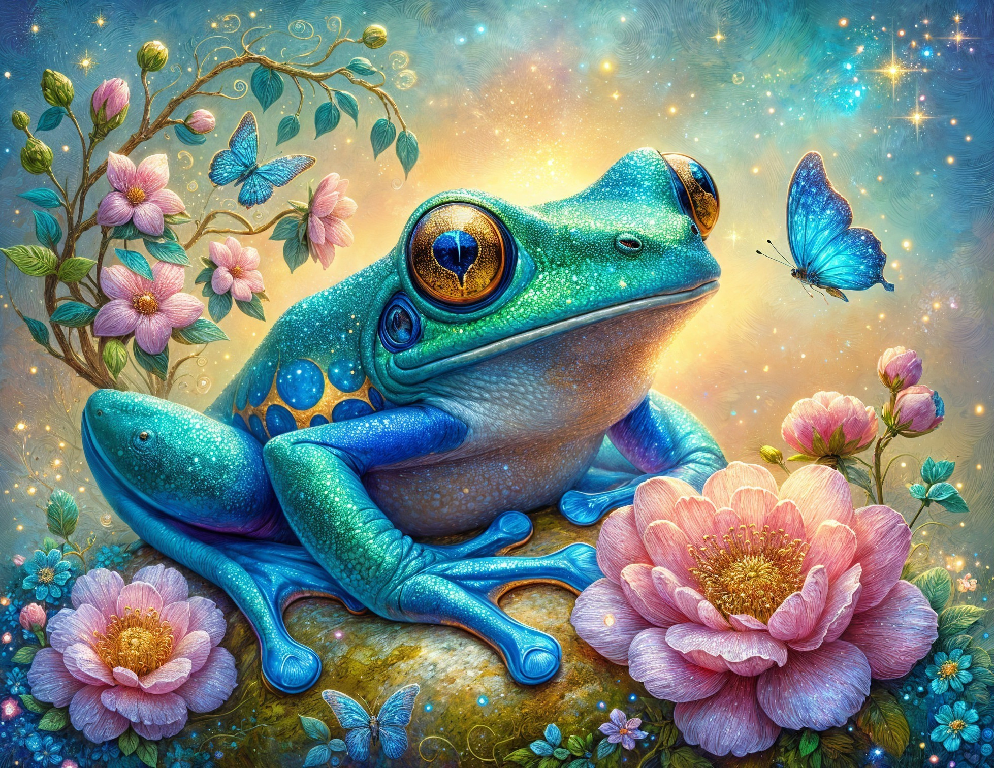 Fantastical Frog in a Dreamy Flower Landscape