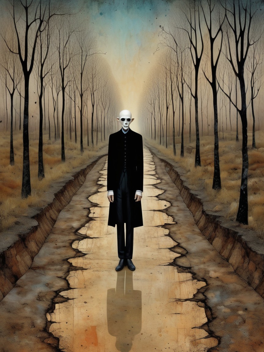Ghostly Figure on a Deserted Path with Leafless Trees