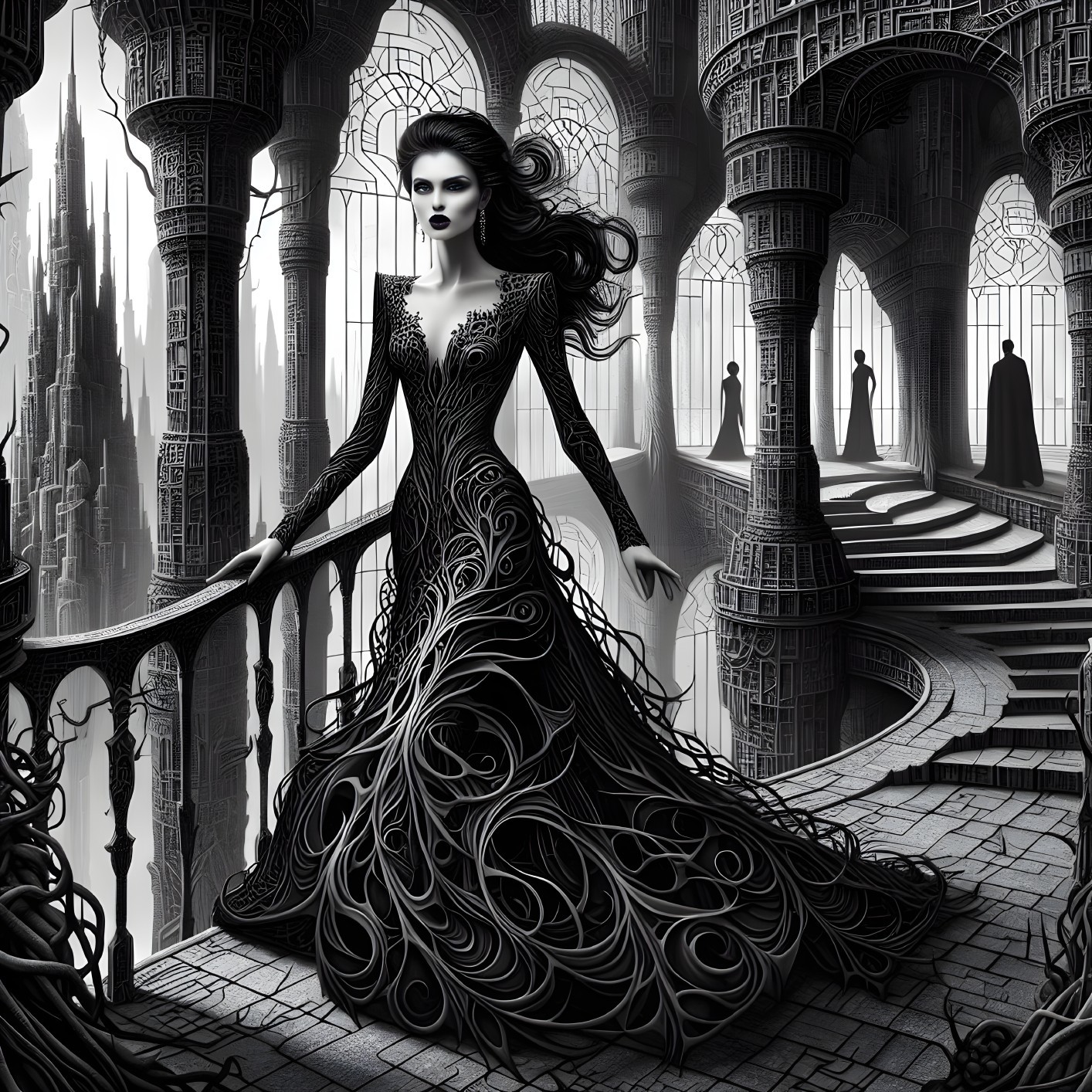 Gothic Woman on Balcony in Intricate Black Gown