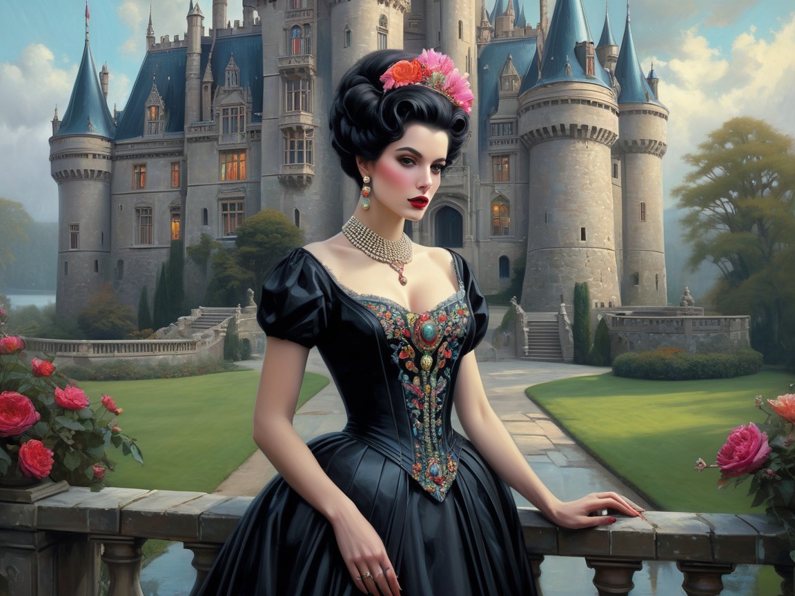 Elegant Woman in Black Gown at Majestic Castle