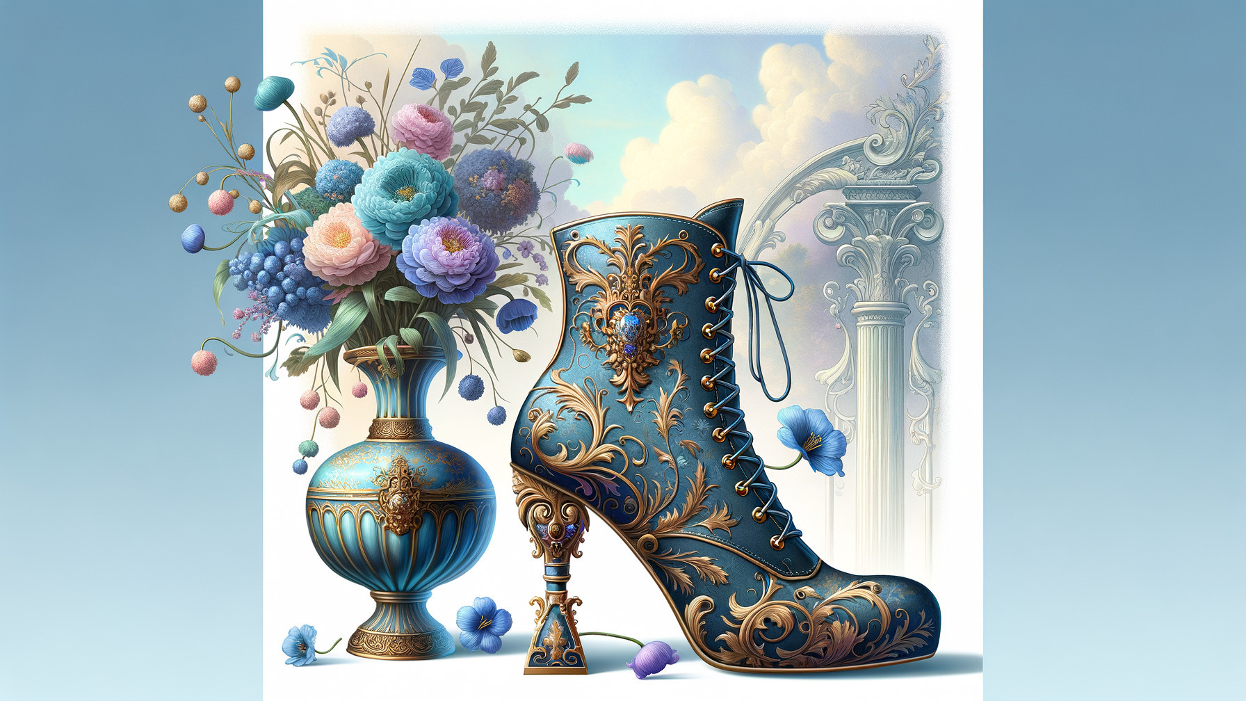 Ornate blue boot and elegant flower vase display