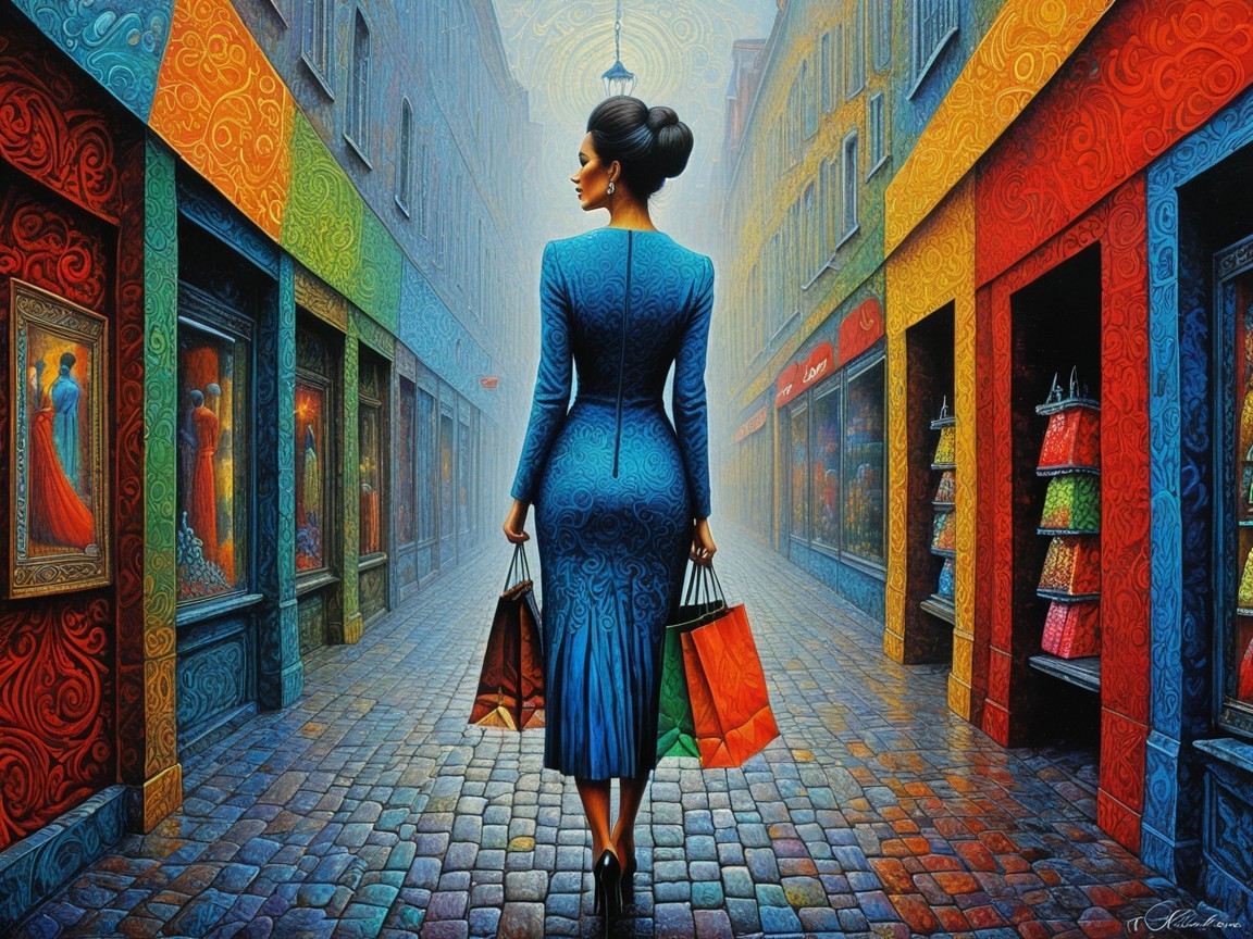 Woman in Blue Dress Walking Down Colorful Street