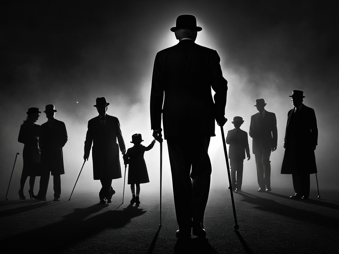 Elegant Figures in Black-and-White Silhouette Scene