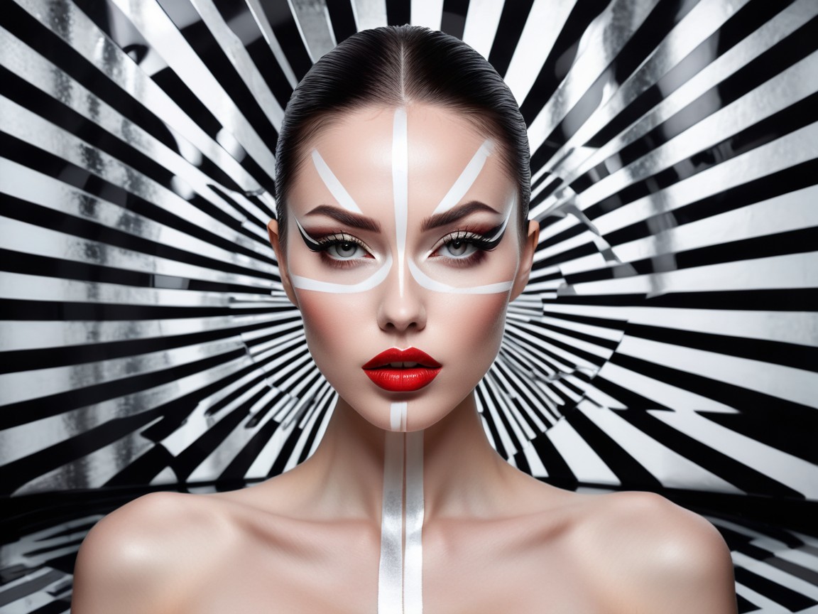 Model with Bold Geometric Makeup and Striped Background