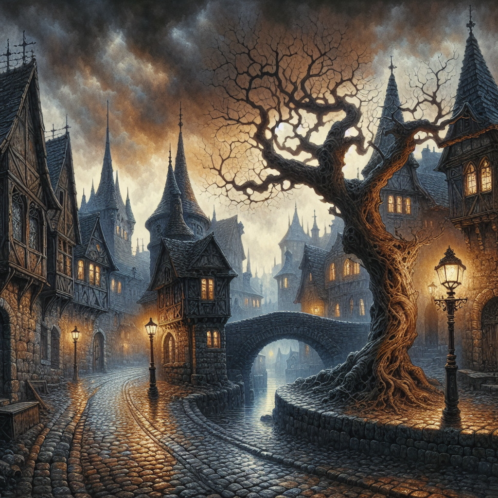Eerie Village at Dusk with Cobblestone Streets