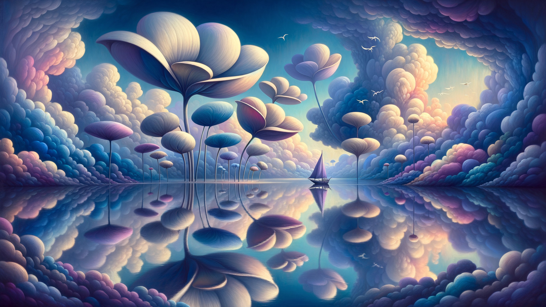 Surreal Landscape with Pastel Flowers and Clouds