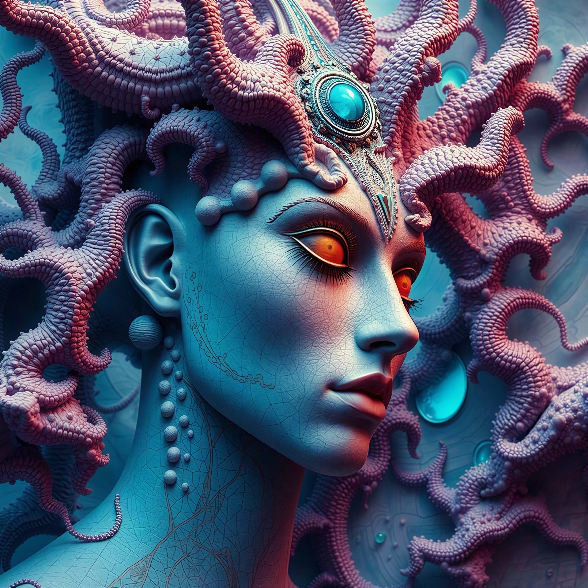 Close-up of a fantastical woman with blue skin and tendrils