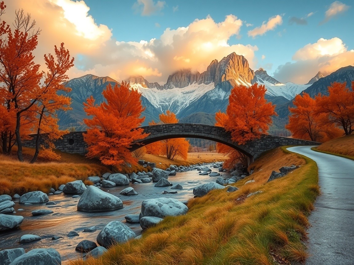 Picturesque Stone Bridge Over Autumn River Landscape