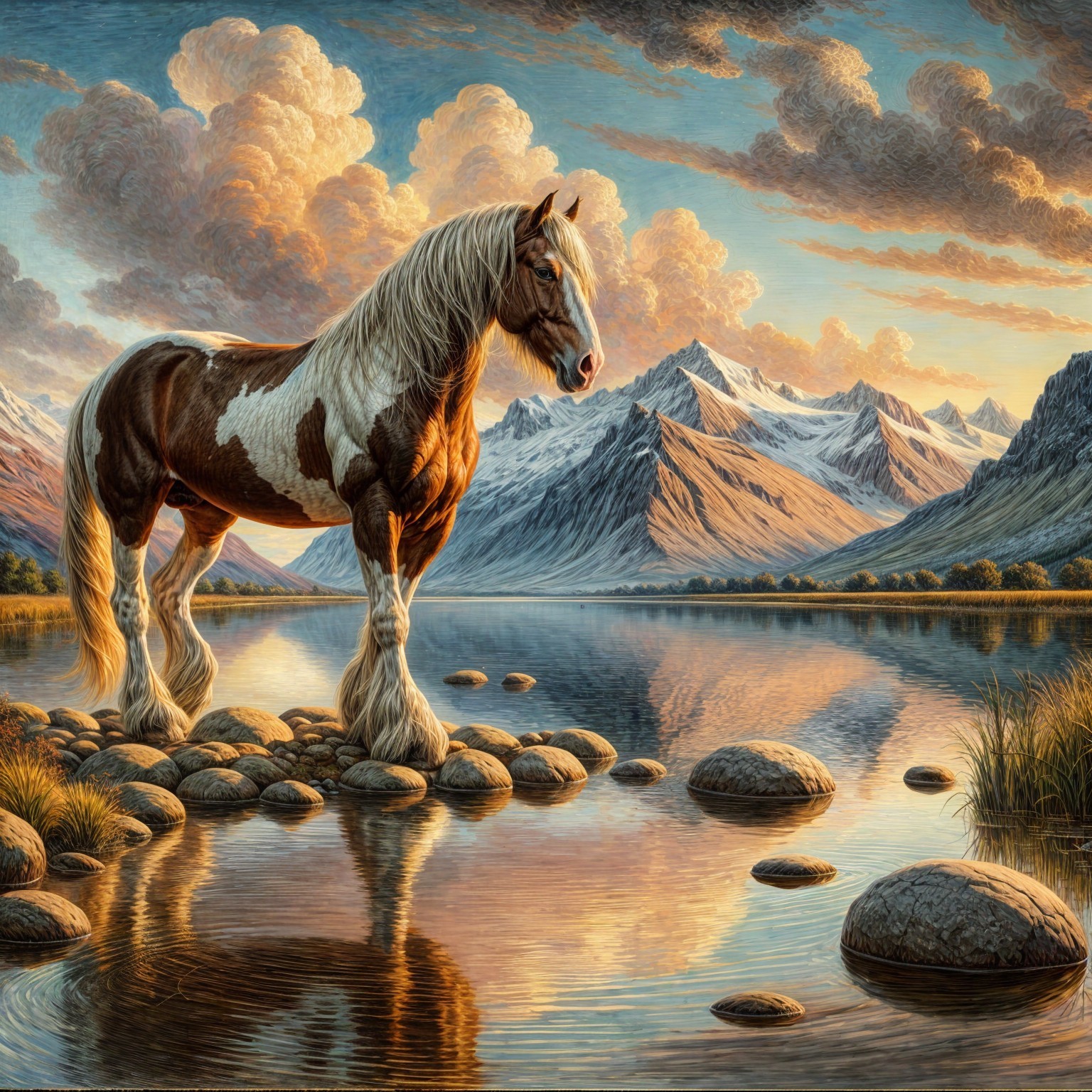 Majestic horse by tranquil lake at sunset with mountains