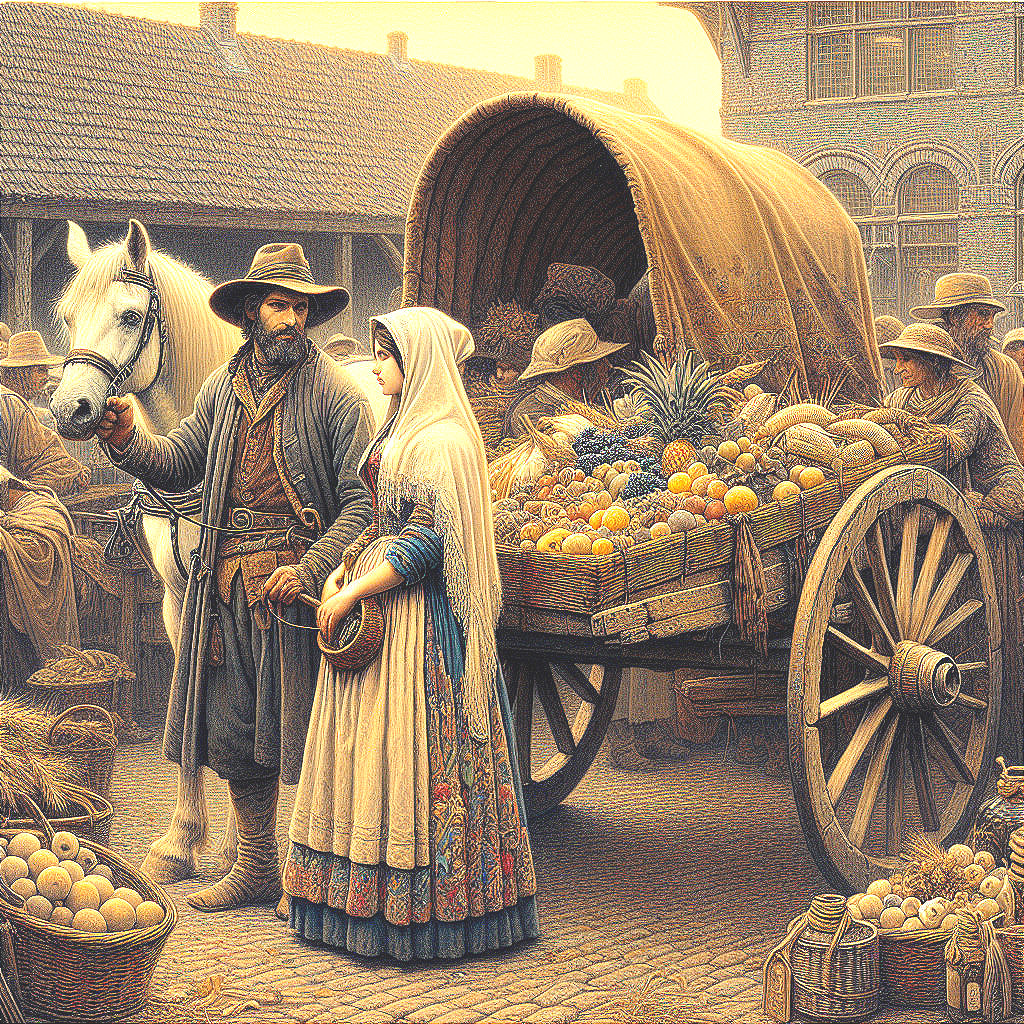 Market Scene with Vendors and Horse-Drawn Cart