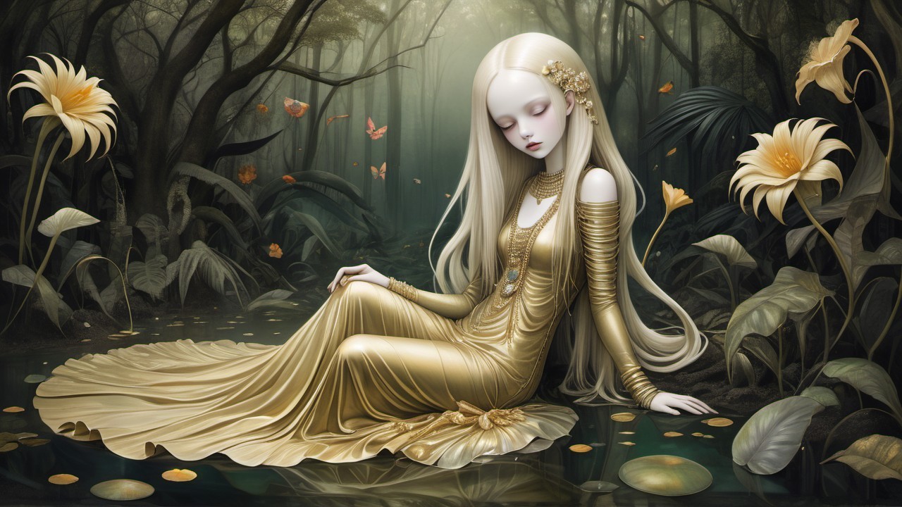 Pale Figure in Golden Gown by Enchanted Pond