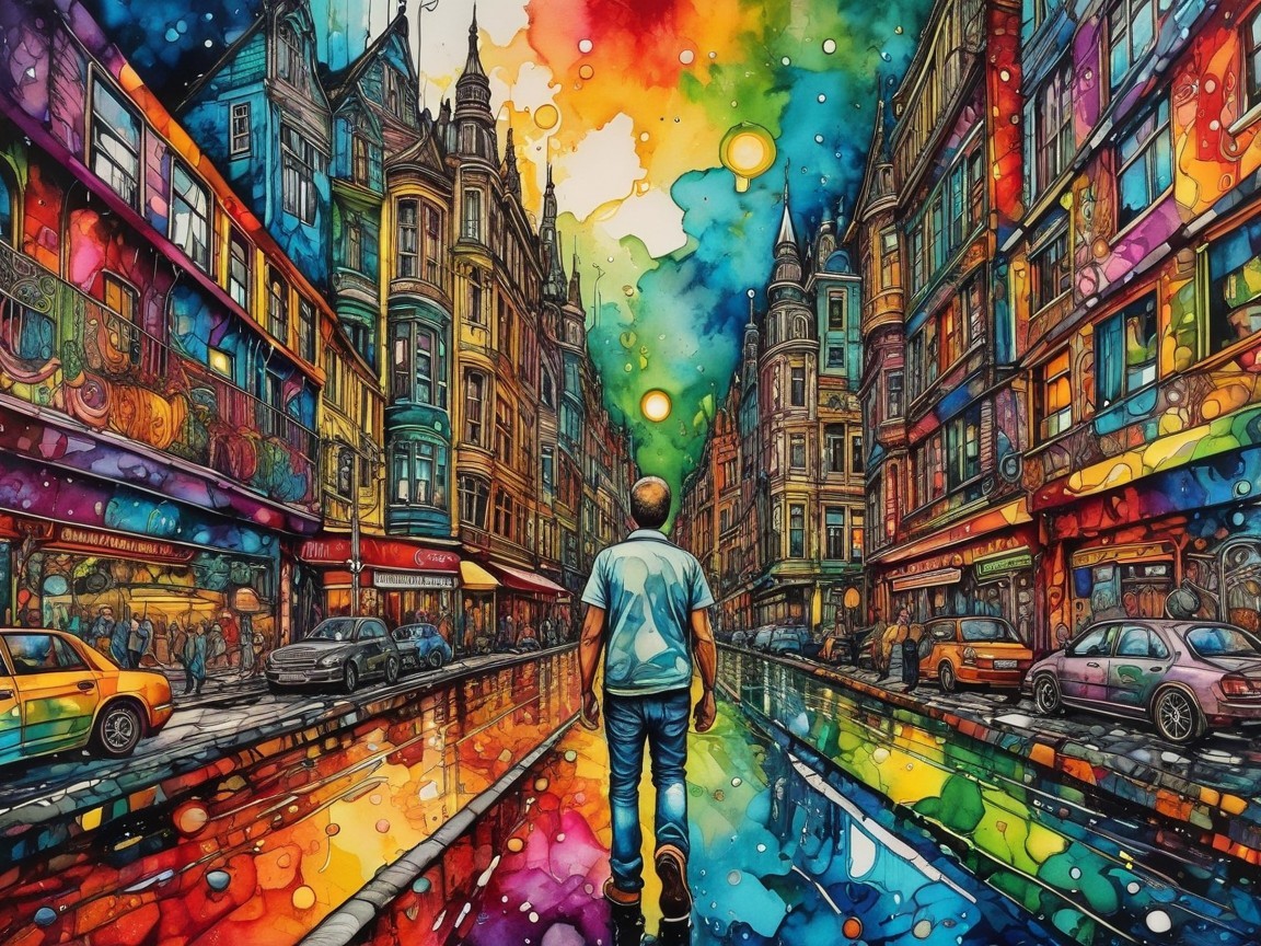 Vibrant Street Scene with Colorful Pathway and Buildings