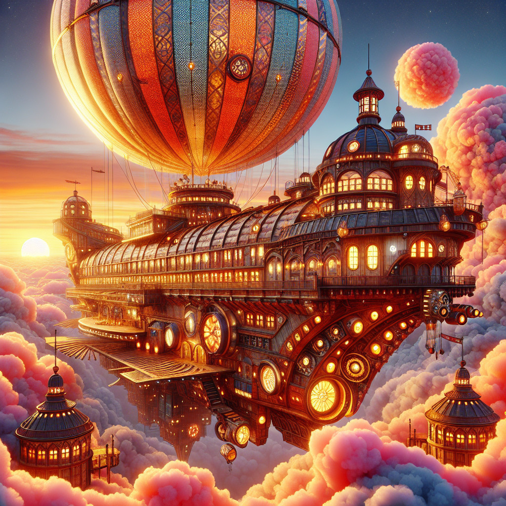 Steampunk Airship Among Fluffy Clouds at Sunset
