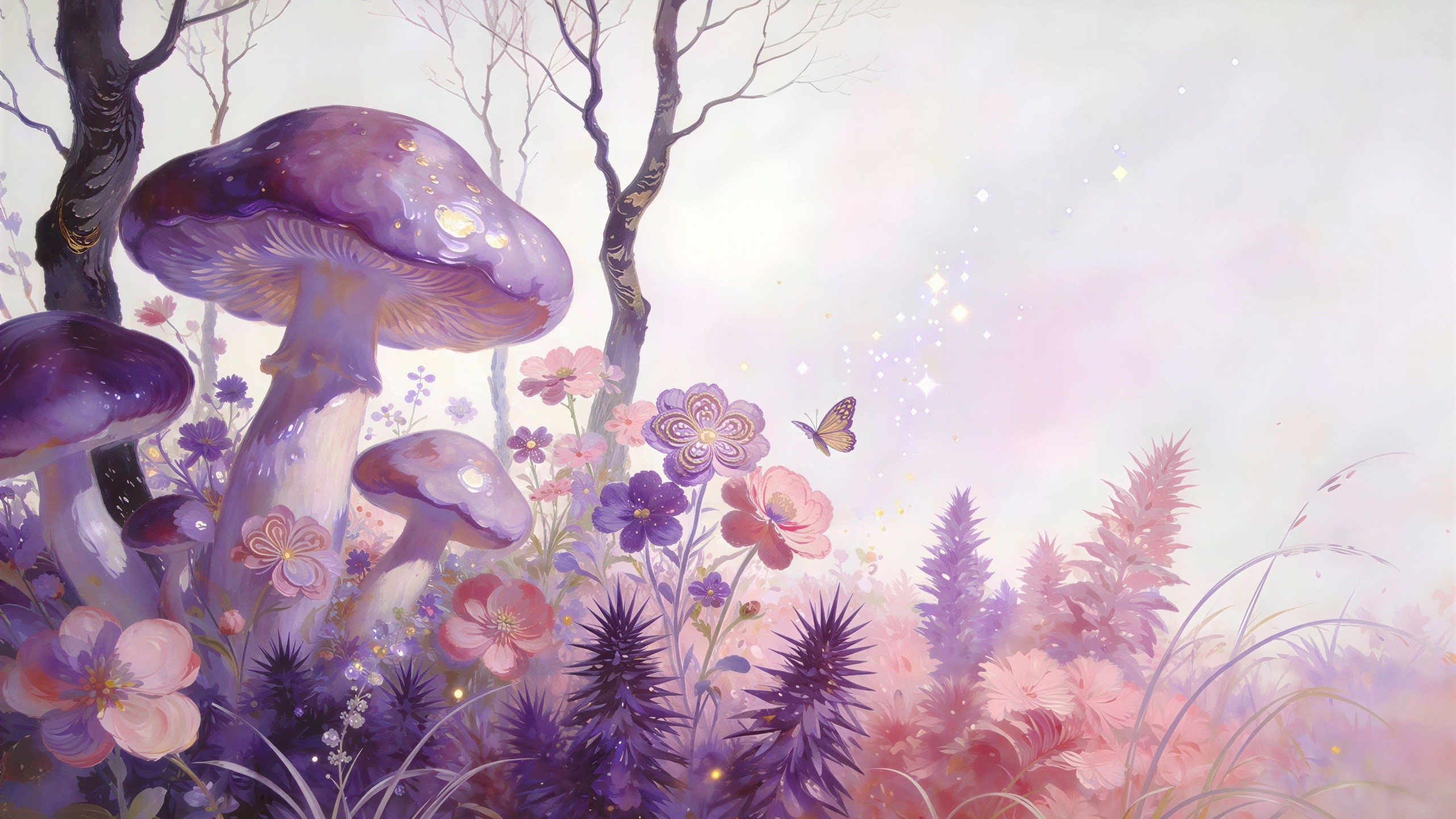 Whimsical Fantasy Forest with Purple Mushrooms and Flowers