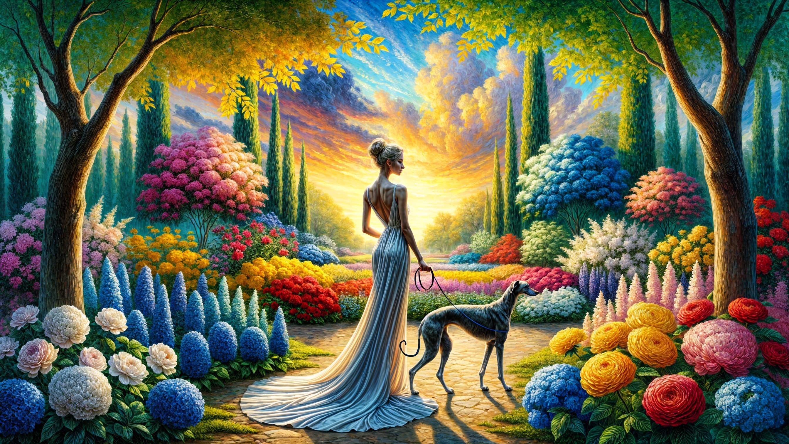 Elegant Woman with Greyhound in Blooming Garden
