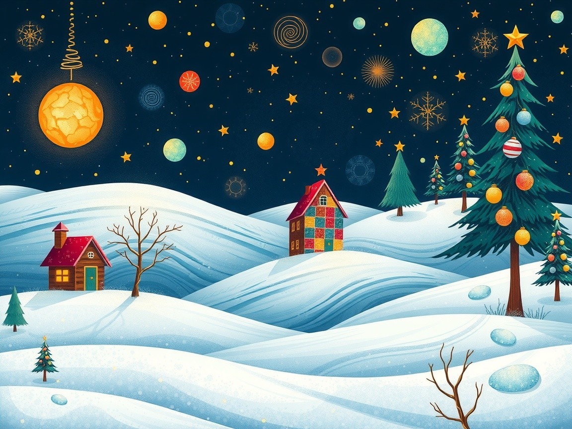 Whimsical Winter Landscape with Colorful Houses
