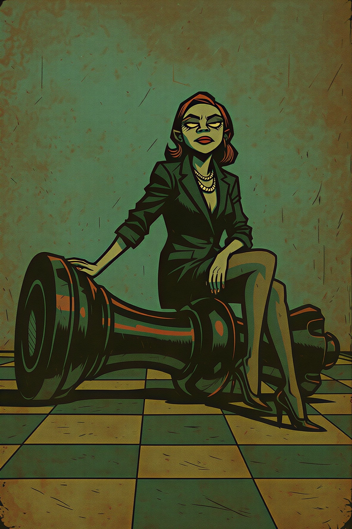 Stylish Woman in Black Suit on Chess Piece