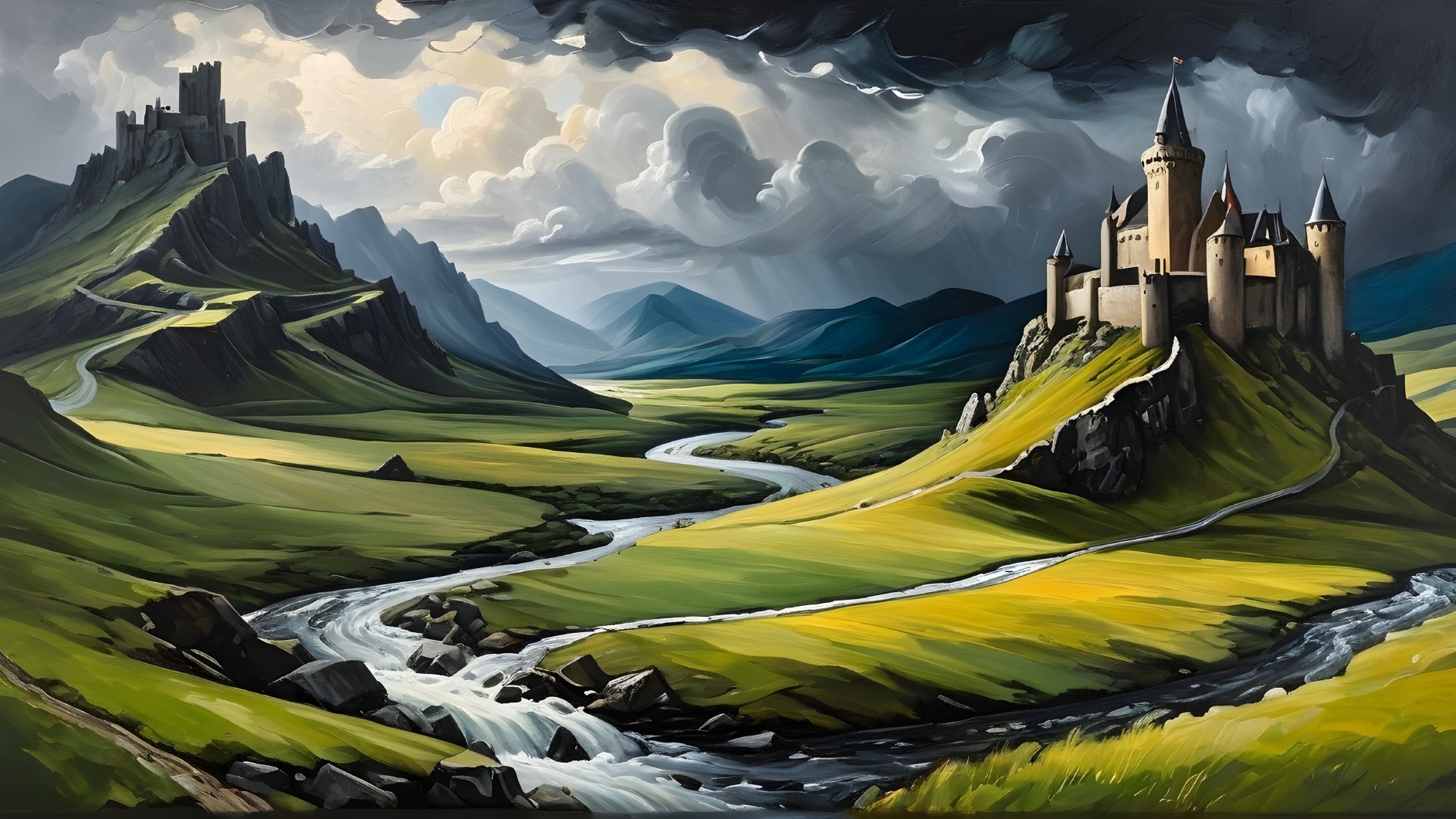Dramatic Landscape with Castles and Lush Valleys