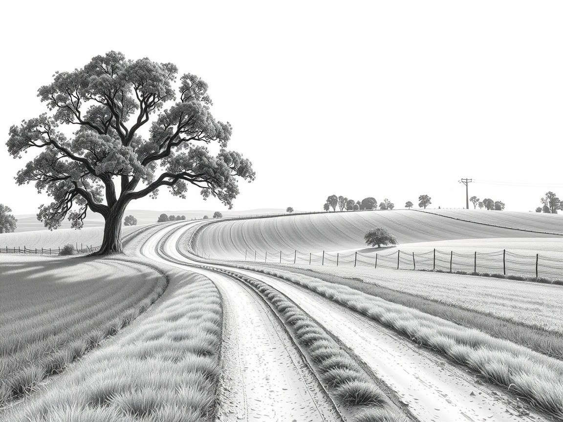 Black and white landscape of a dirt road and tree