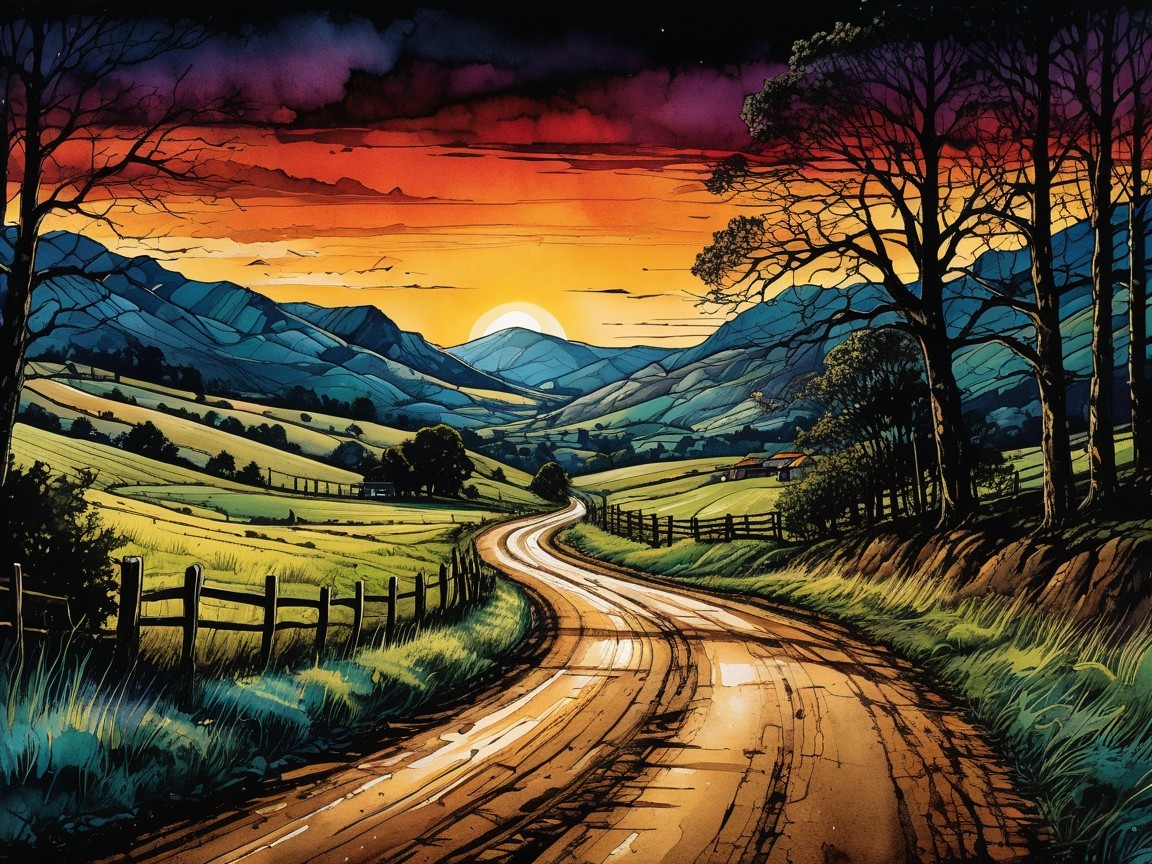Winding Dirt Road Through Lush Green Fields at Sunset