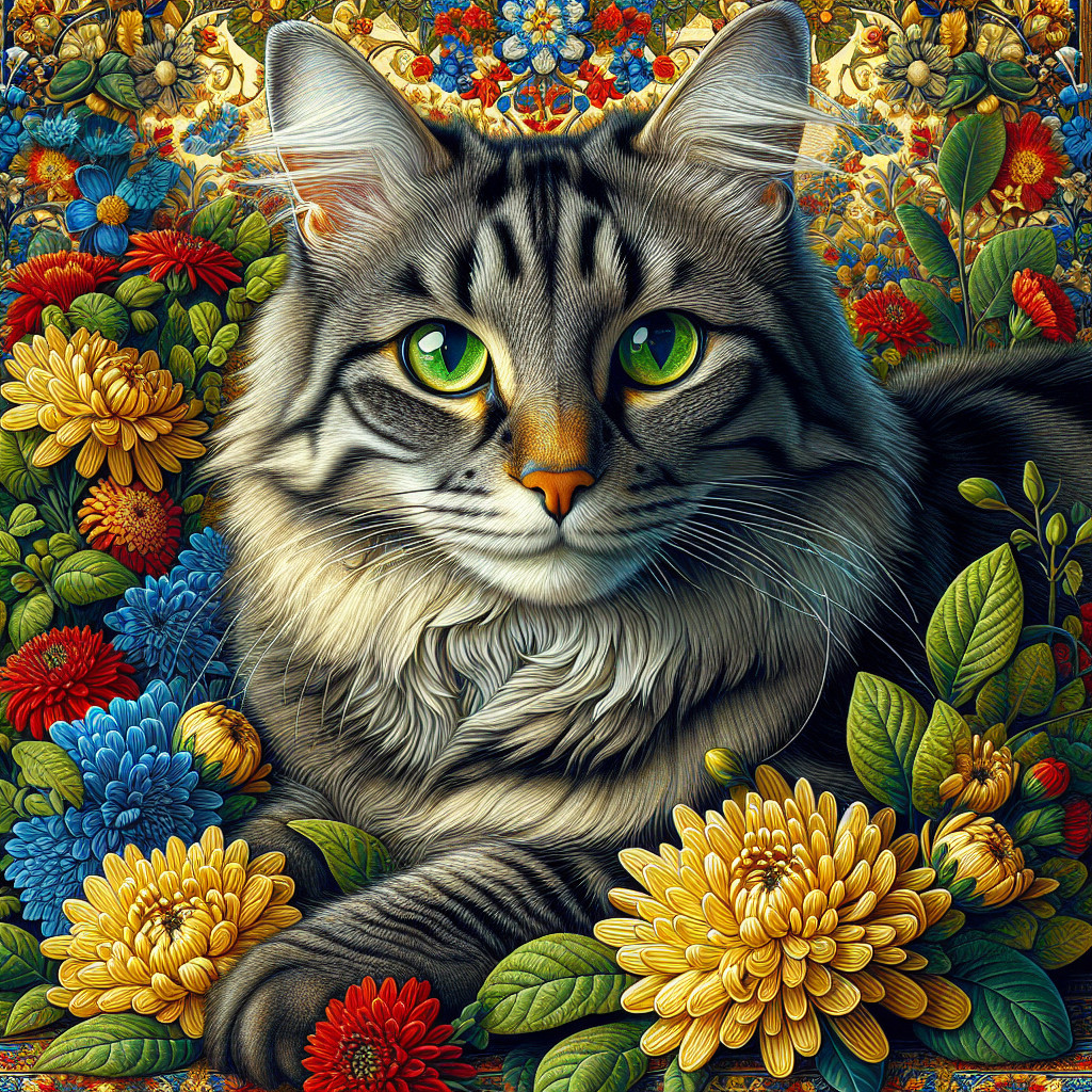 Tabby Cat Surrounded by Colorful Flowers