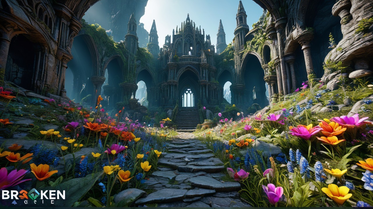 Overgrown castle ruin surrounded by vibrant greenery