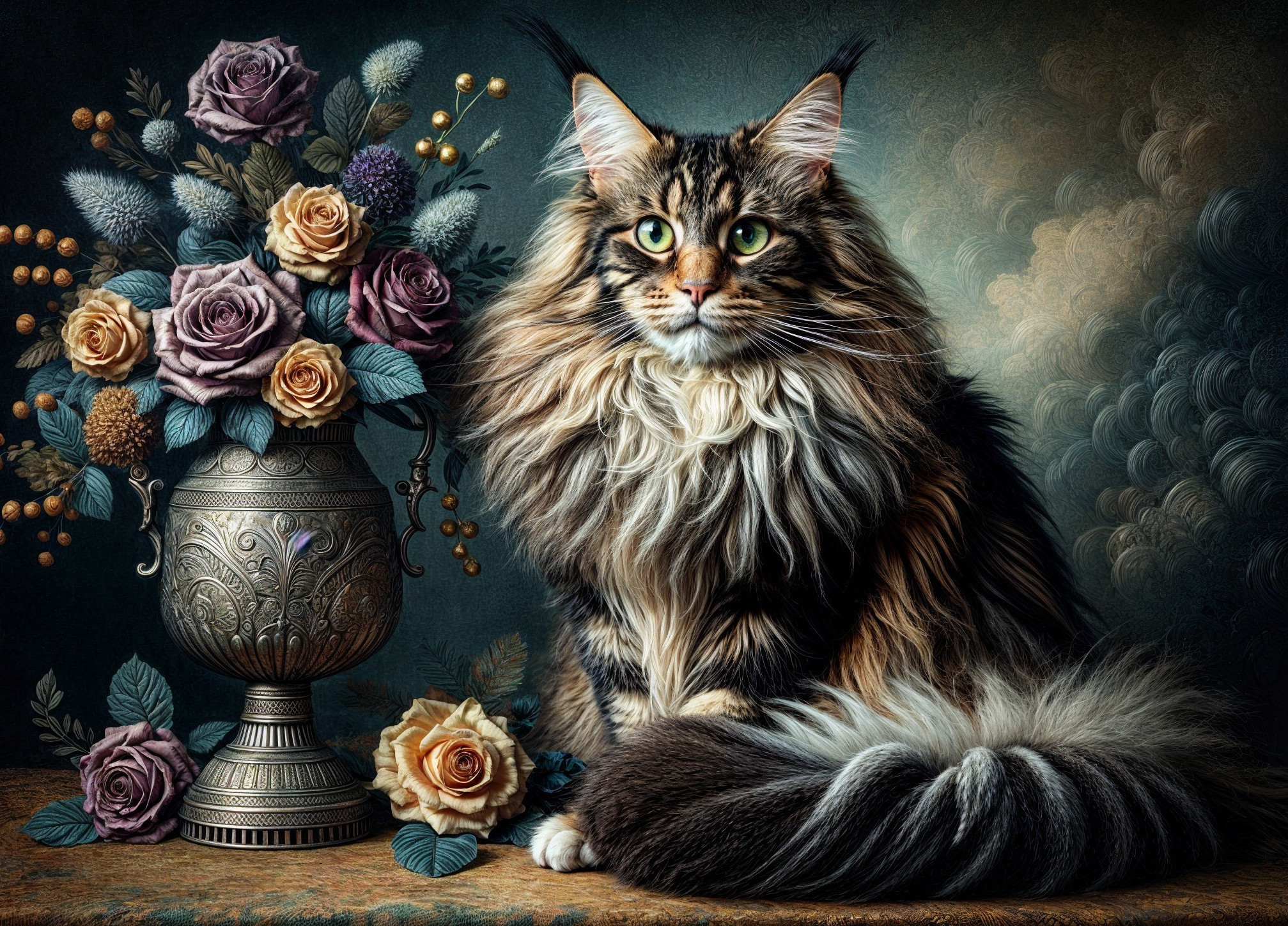 Maine Coon Cat Beside Ornate Vase of Roses
