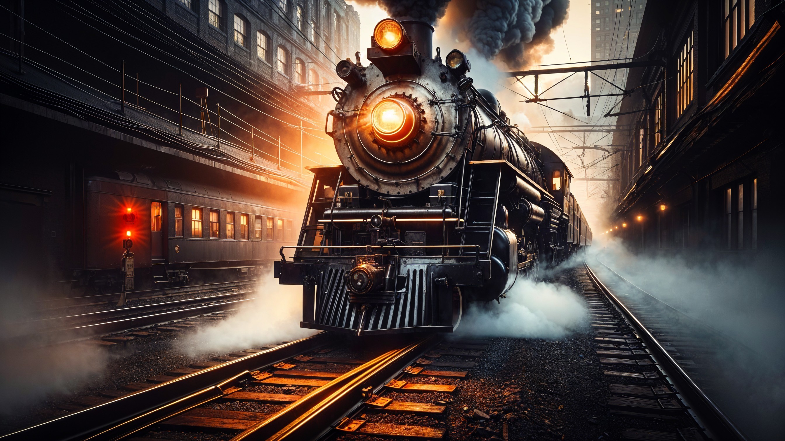 Vintage steam locomotive in shadowy urban setting