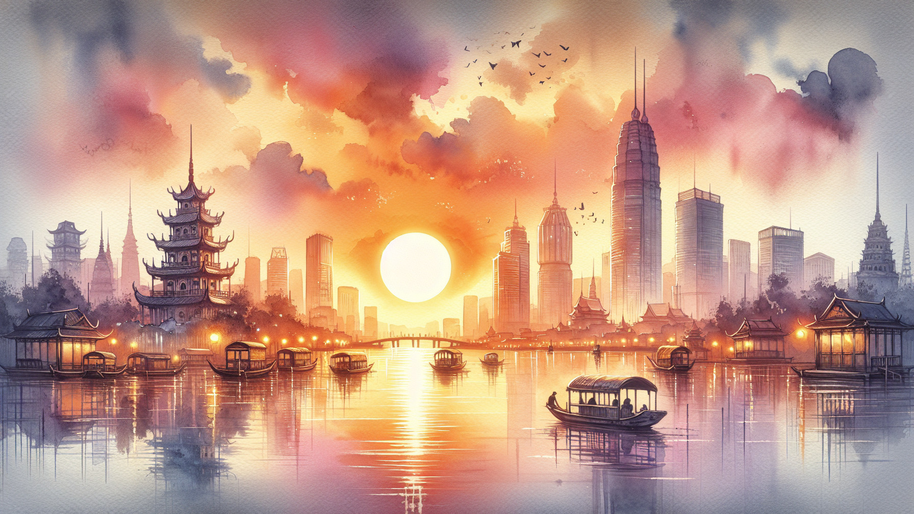 Watercolor Sunset Over City Skyline and River