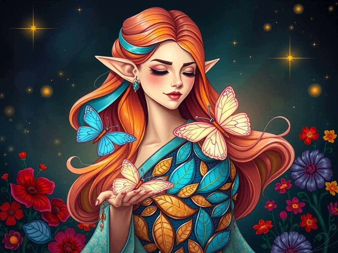 Fairy-haired girl with butterflies in a magical setting