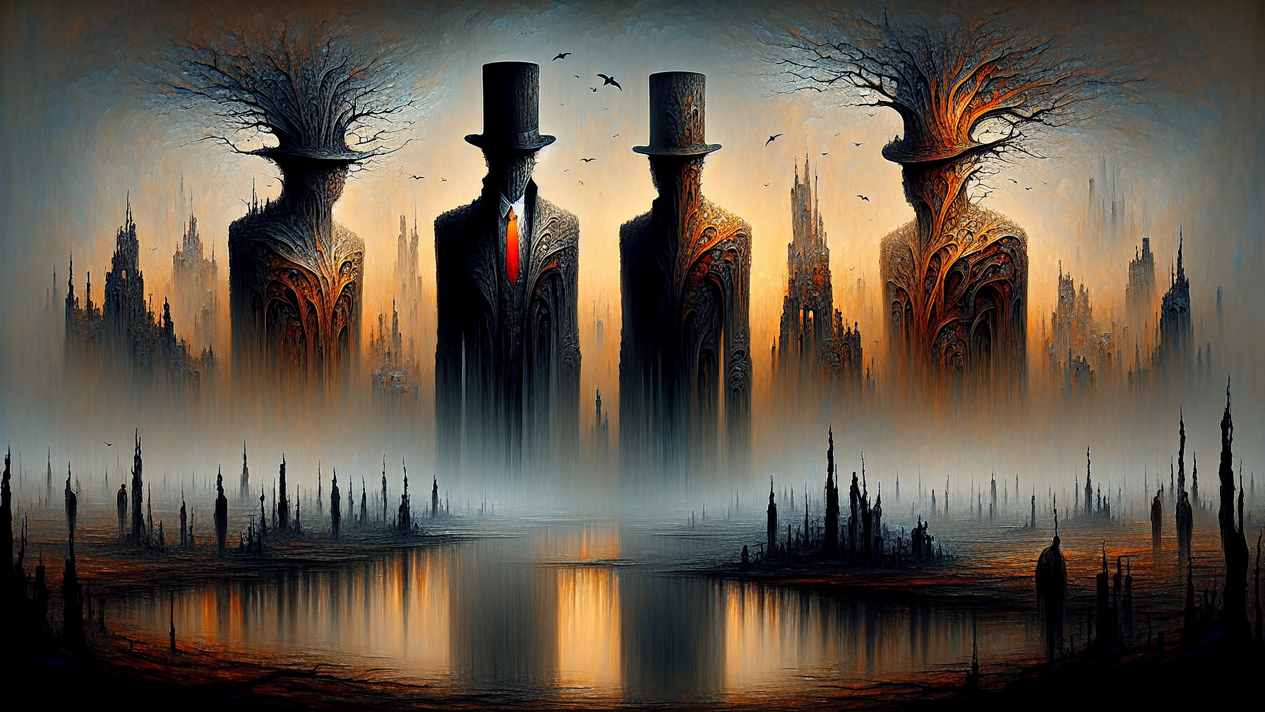 Surreal Landscape with Figures and Twisted Trees