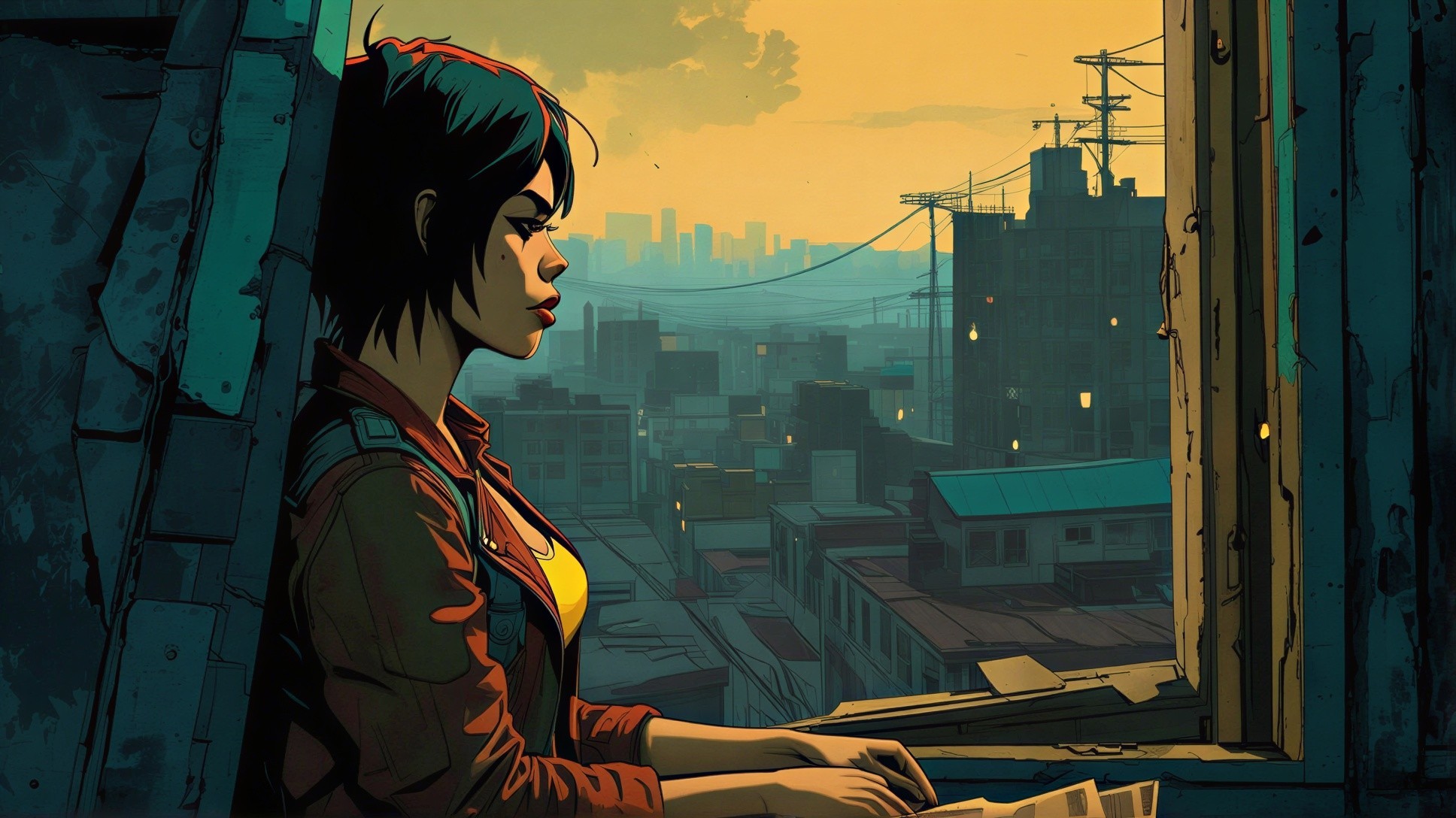 Young Woman Contemplating by Window in Urban Setting