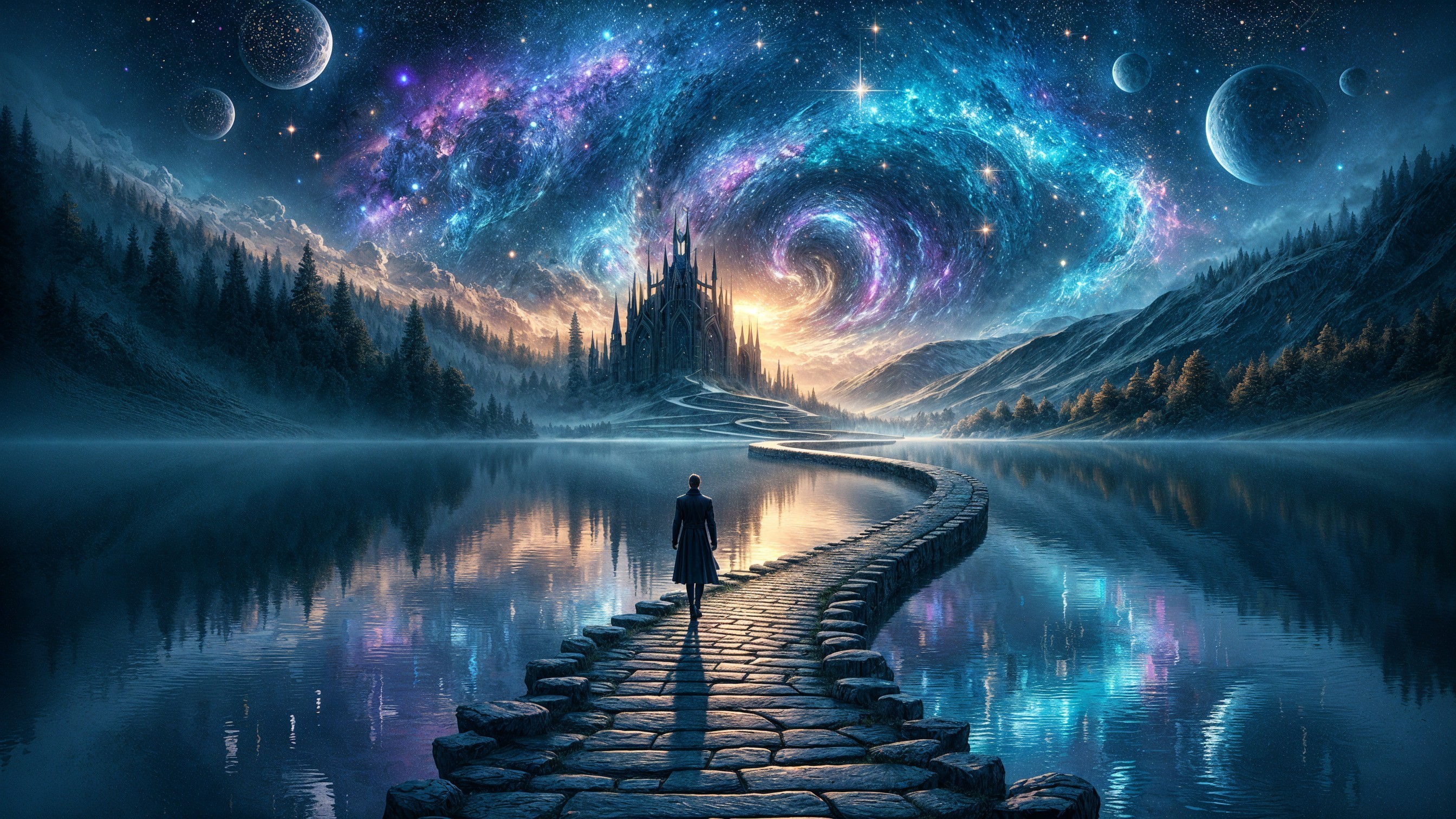 Lone Figure on Stone Path by Cosmic Lake and Castle