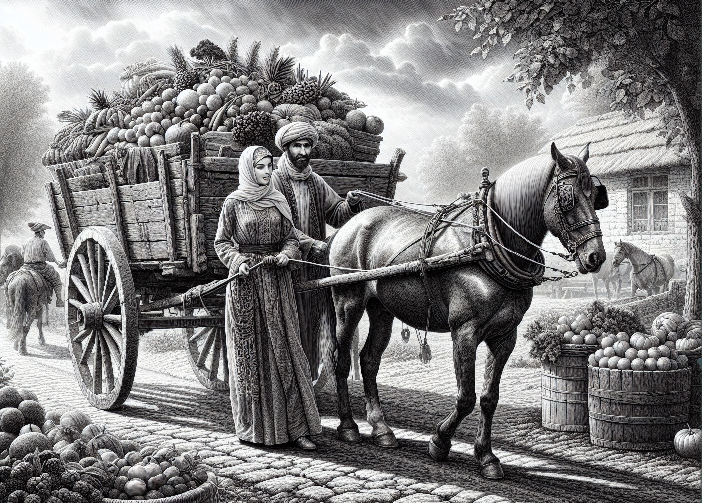 Monochromatic Scene of Horse-Drawn Cart with Produce