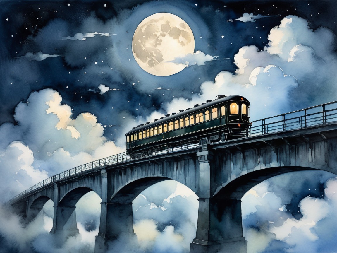 Vintage train crossing bridge under a full moon